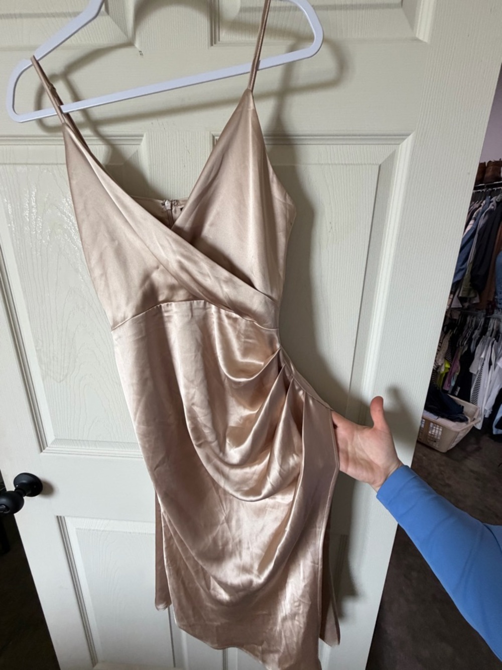 Satin Slip Dress in Champagne - Women's Elegant Spaghetti Strap Dress